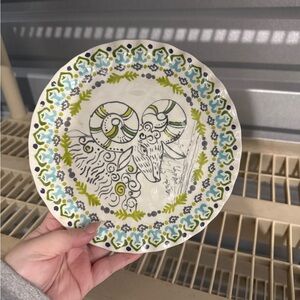 Anthropologie Ceramic Plate with Ram Design - Green, Blue, Black Accents